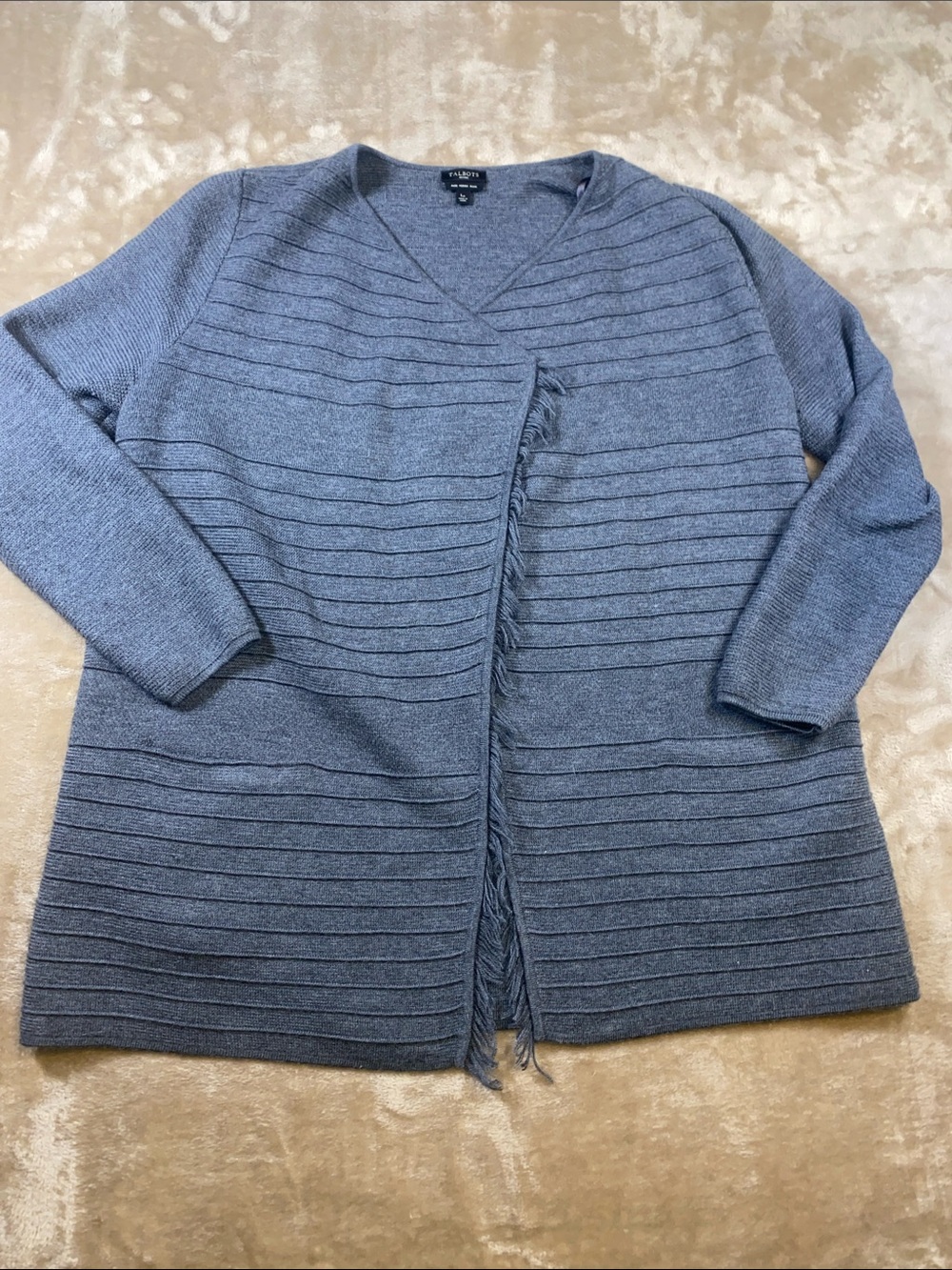 Talbots Merino Wool Gray Open-Front Fringe Cardigan